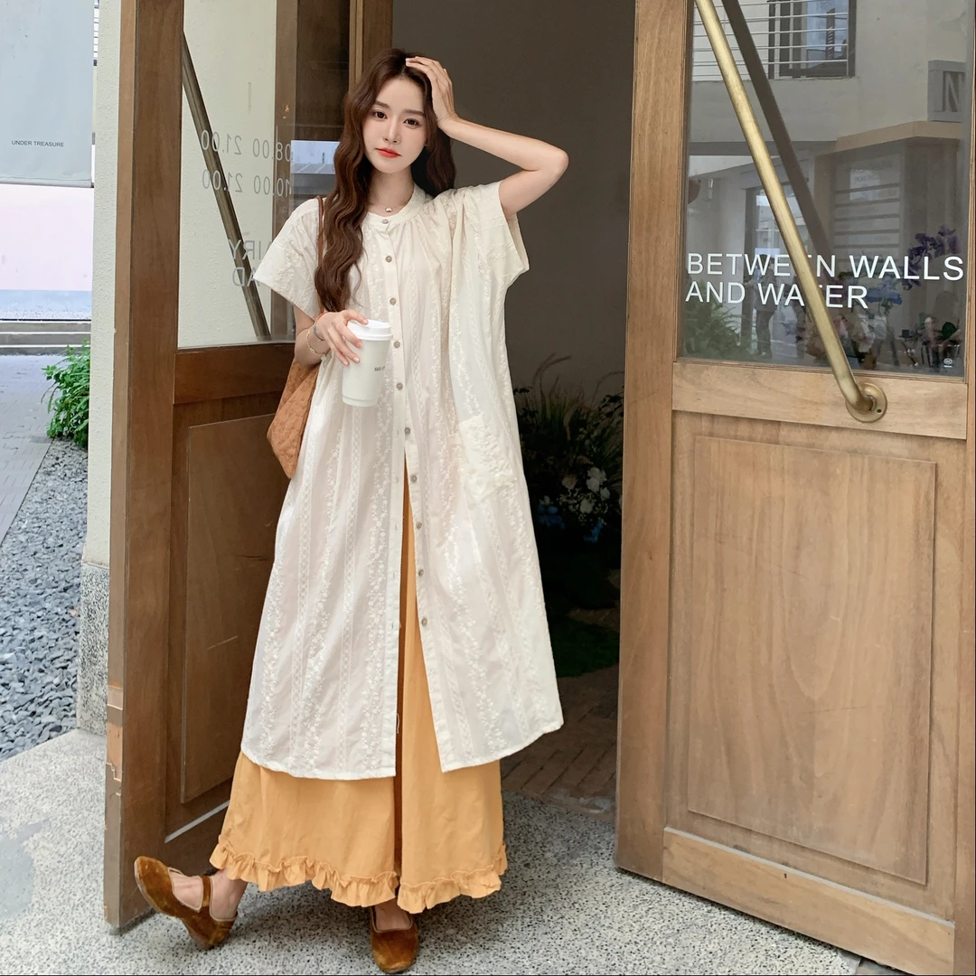 温柔系穿搭休闲夏季衬衫米白色喇叭阔腿裤两件套女短袖韩版套装