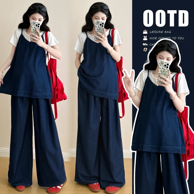 孕妇装夏装牛仔套装2025新款韩系高级三件套宽松上衣孕妈夏天穿搭