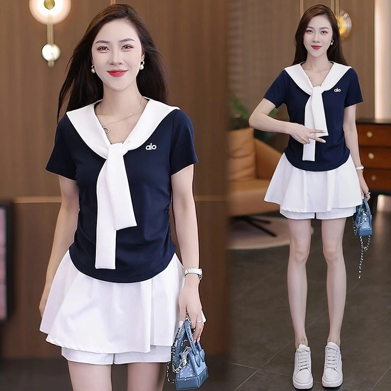 千金风时尚套装女2025夏季新款披肩假两件短袖高腰短裤两件套通勤