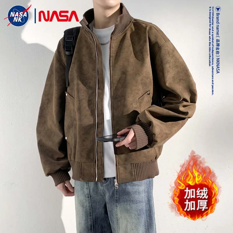 NASA联名美式复古立领pu皮夹克外套男款冬季加绒保暖潮牌痞帅棉服