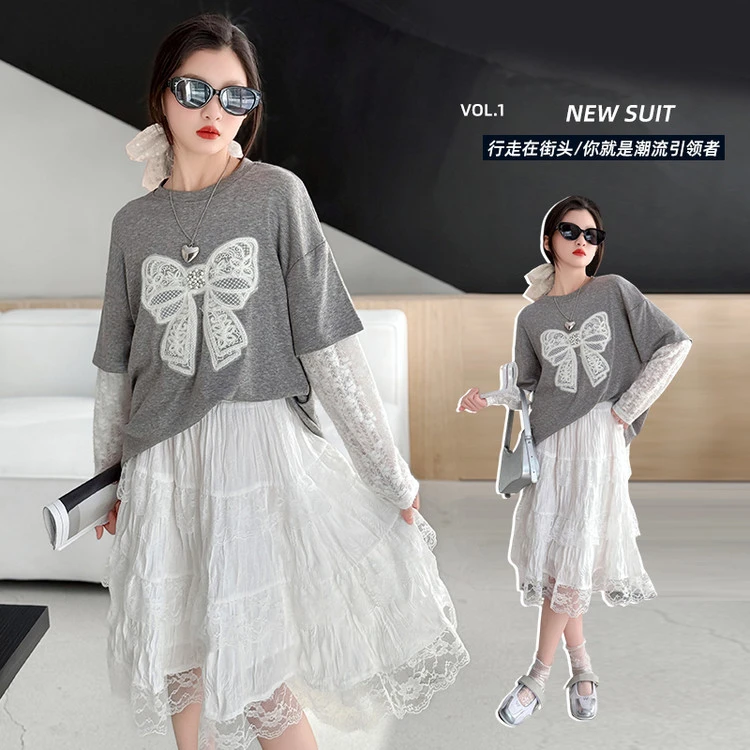 [麦哆哆」女童中大童新款百搭假两件上衣拼接蕾丝蛋糕半身裙套装