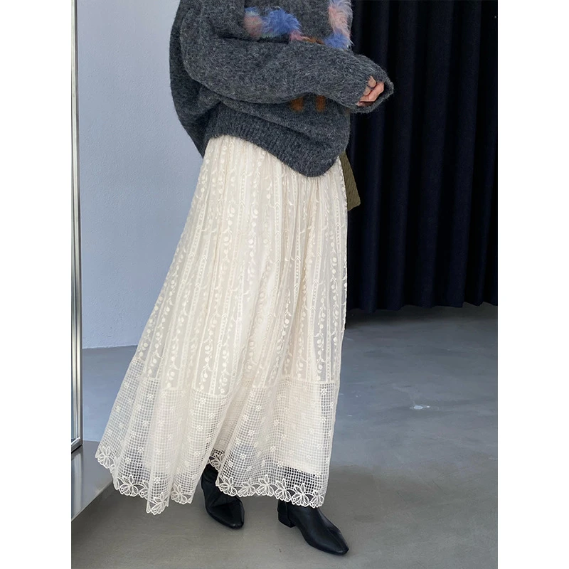 jz别错过的私服半身裙加绒米白色蕾丝拼接a字长款裙子女1757