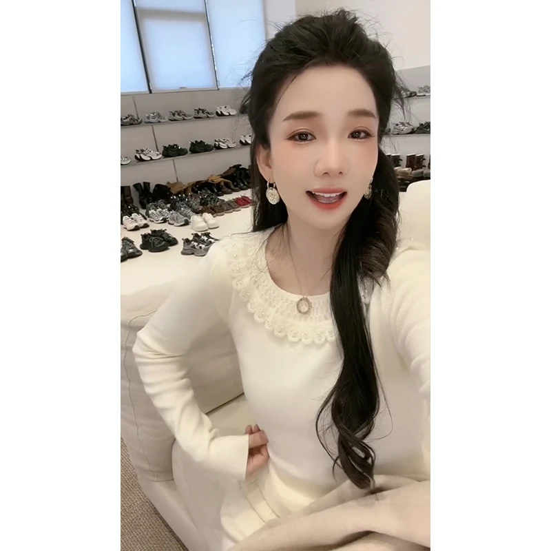 珍珠荷叶领针织衫女2025韩系圆领荷叶花边拼接毛衣套头