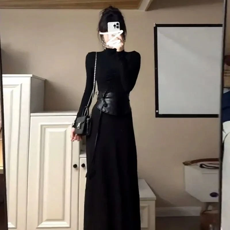 千金清冷感贵系衣服长袖高腰宴会黑色连衣裙法式高级知性风裙子女