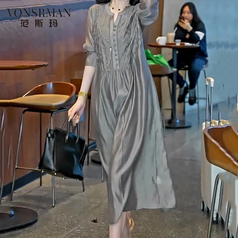高级感灰色刺绣连衣裙女装2025春秋新款高端遮肚显瘦七分袖中长裙