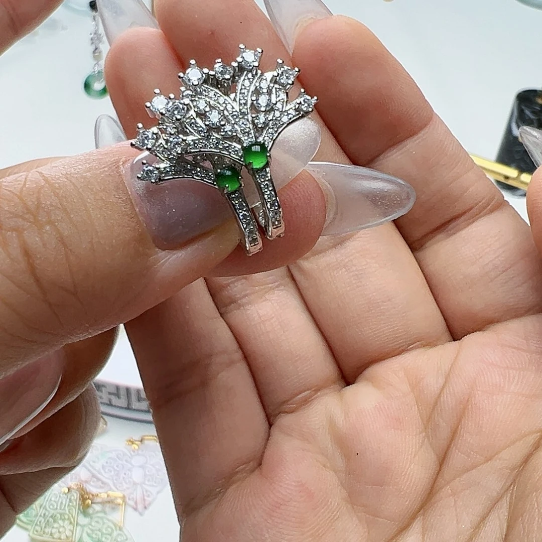 翡翠银S925镶嵌耳饰꧁****꧂天然缅甸A货翡翠