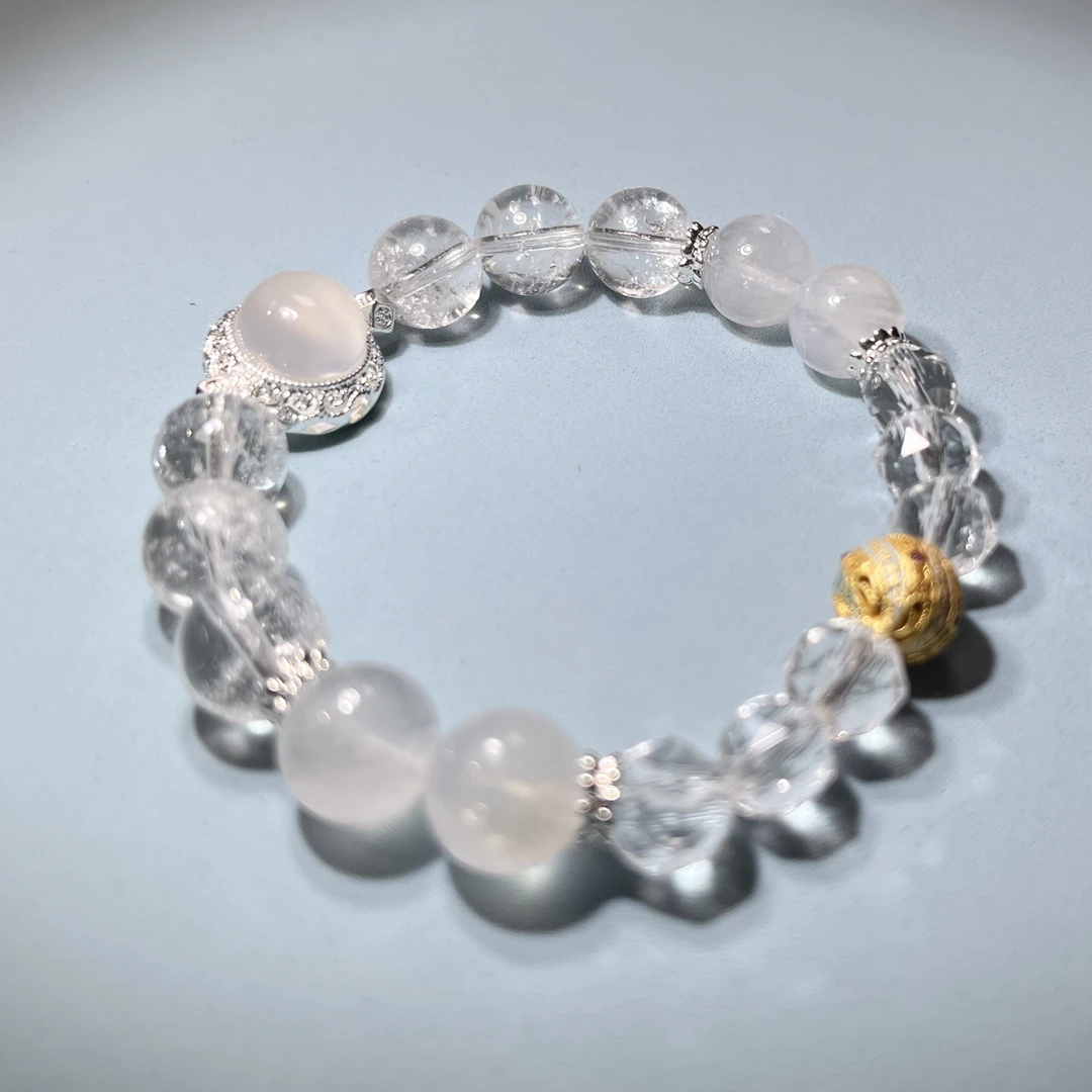 白月光手串女东海水晶玛瑙玉髓玉石散珠子银灰猫眼拉长石手链