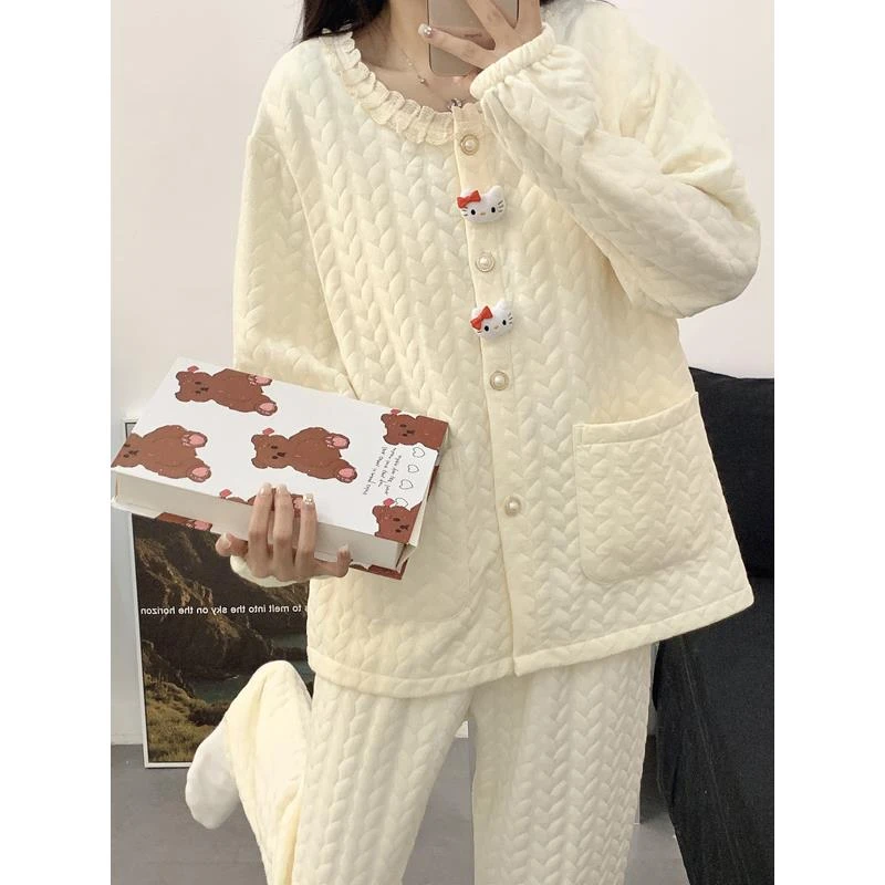 2025新款hellokitty睡衣女秋冬空气棉夹层长袖可爱春秋家居服套装