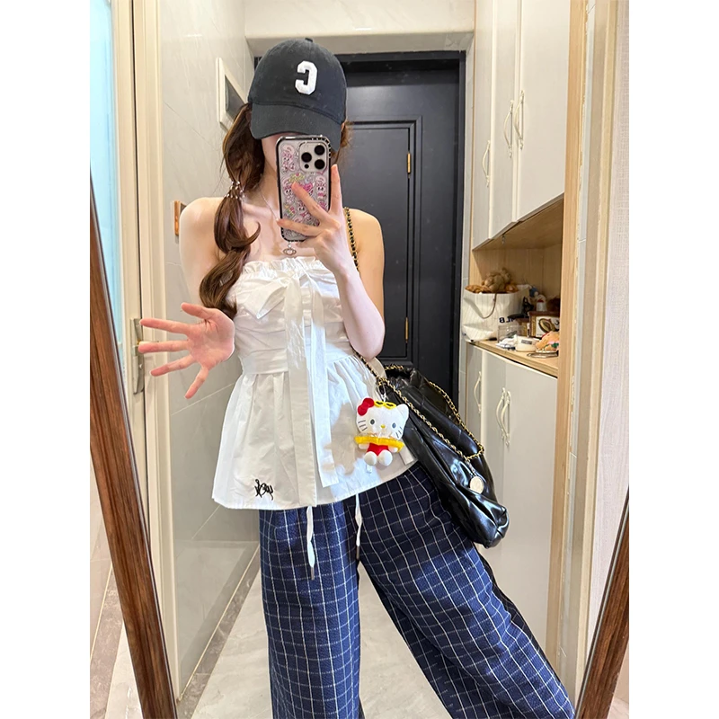 韩系穿搭收腰显瘦花边抹胸白色背心上衣女格子休闲垂感拖地裤套装