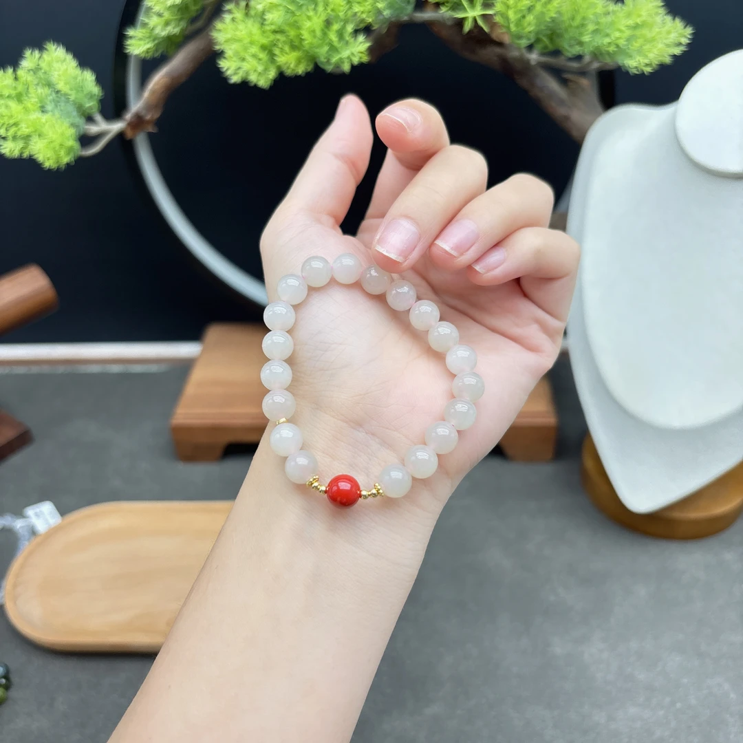 单圈和田玉藕粉卡8MM搭配圆珠路路通配饰手串简约小众珠宝Y15639