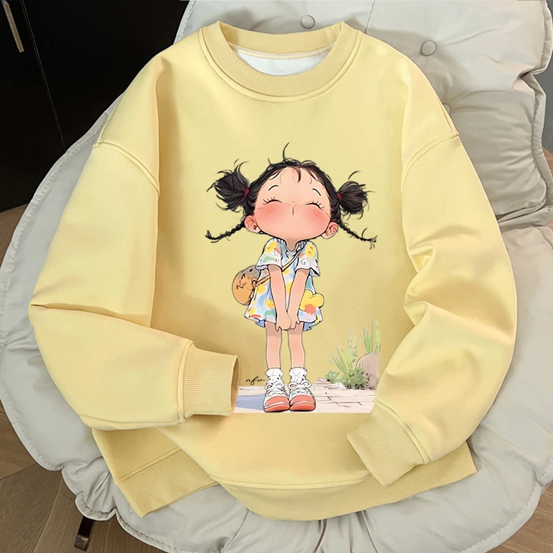 美式秋冬季男女款奶黄色上衣童趣小女孩图案印花套头圆领休闲卫衣