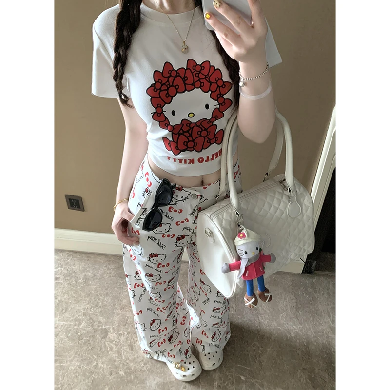 大码复古卡通猫咪印花白色牛仔裤女夏季新款宽松阔腿百搭显瘦长裤