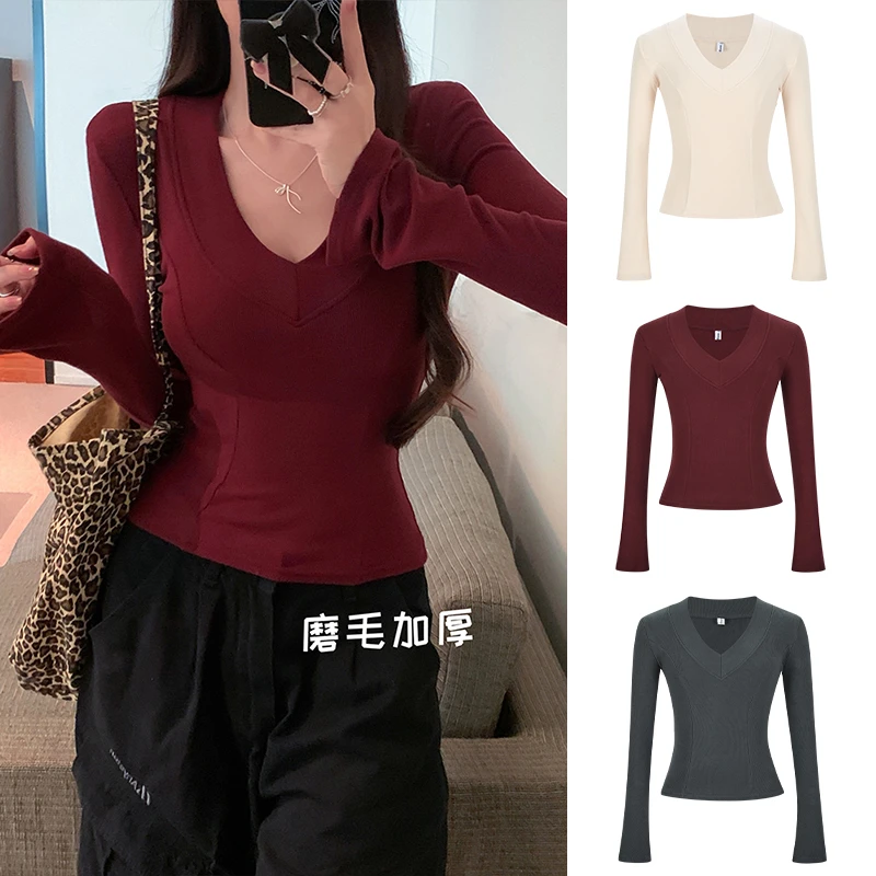 Moses Queen/魔西女王深V领软糯气质辣妹长袖T恤掐腰显瘦修身上衣