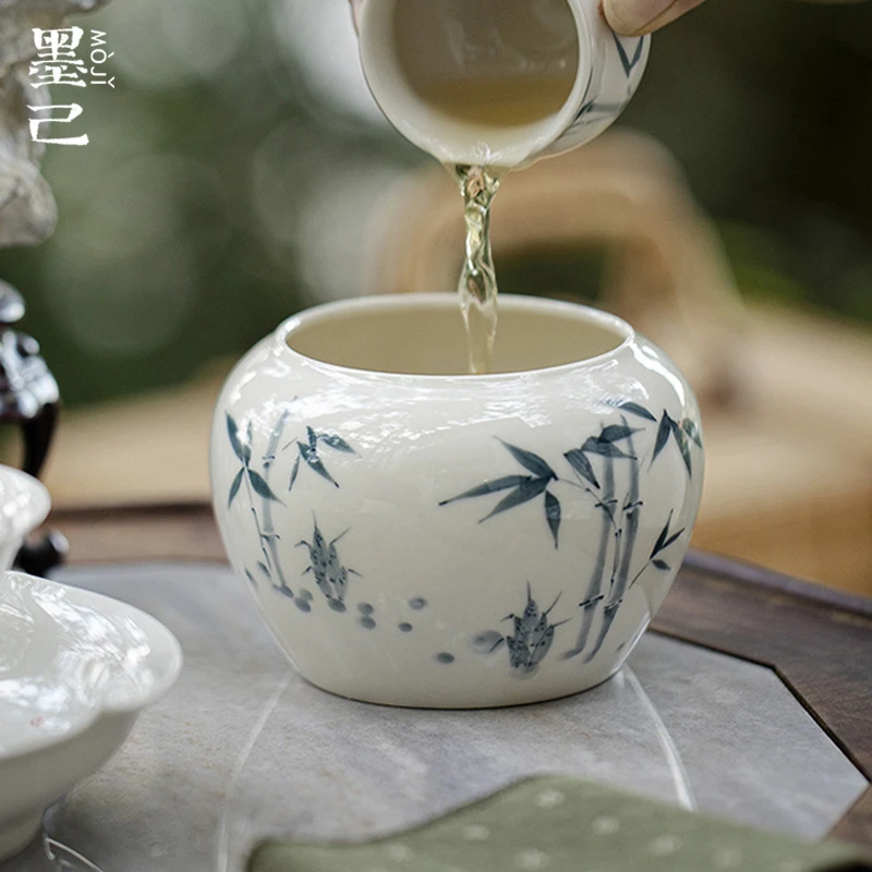 墨己草木灰斑竹枝建水茶道配件陶瓷茶洗废水缸竹子大号水盂摆件