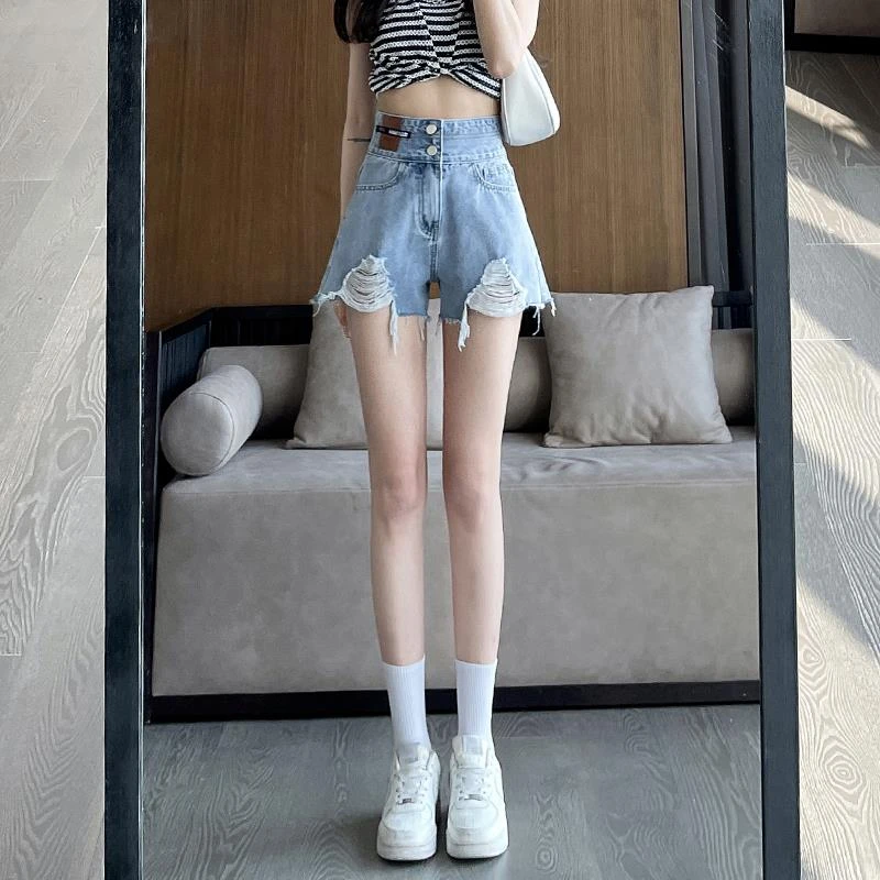 破洞牛仔短裤女夏季2025新款爆款高腰大码宽松显瘦阔腿a字热裤子