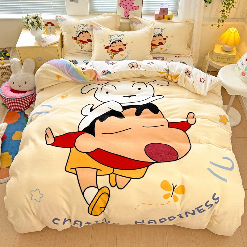 猫咪日记卡通小新大版印花高克重加厚牛奶绒四件套宿舍三件套床品