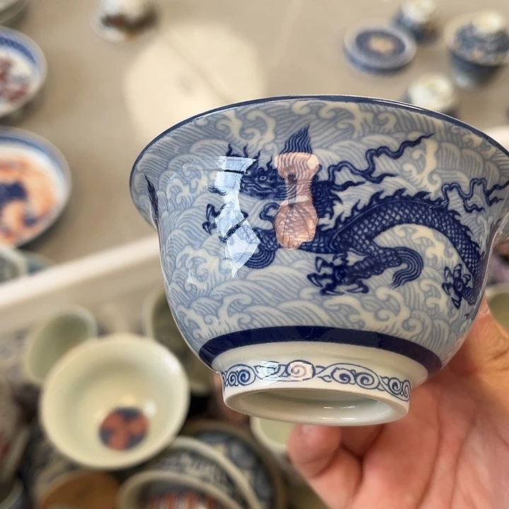 瓷片狼**2景德镇青花海水龙大压手主人杯