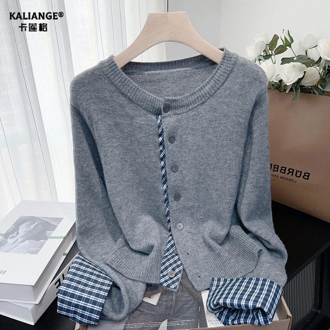 灰色格子拼接假两件长袖针织开衫女秋冬新款韩版时尚软糯毛衣外套