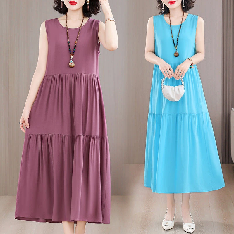 大码棉绸连衣裙女洋气妈妈夏装遮肚子显瘦中老年人造棉长裙子外穿