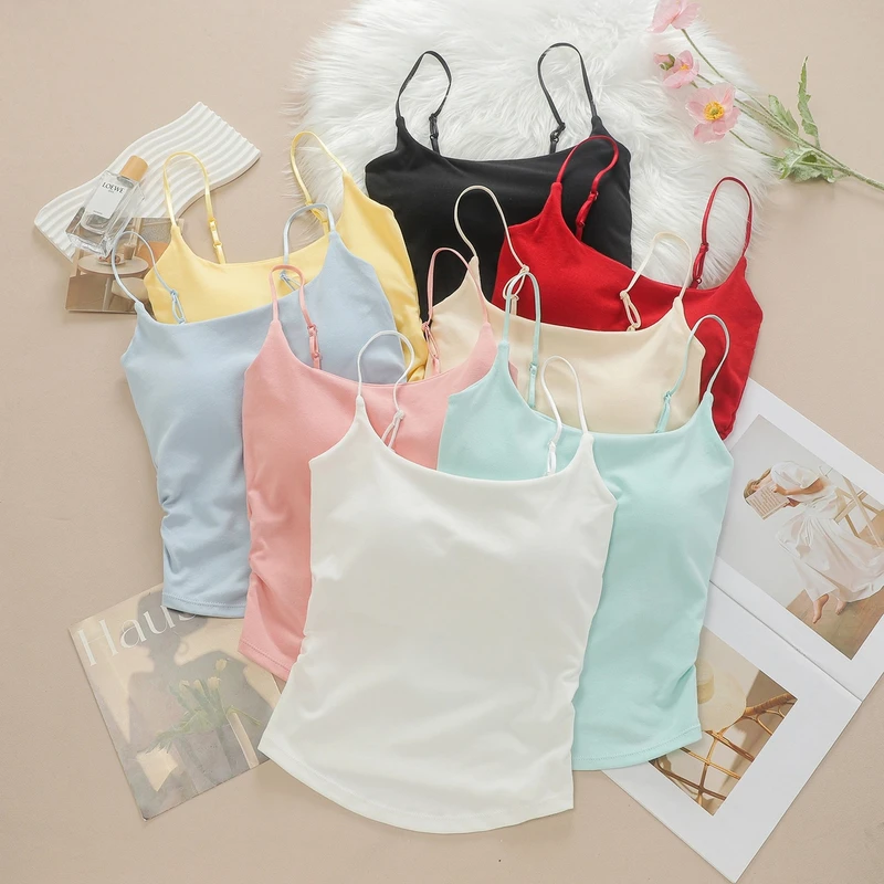 新款纯欲吊带背心女设计感褶皱收腰外穿内搭带胸垫可调节肩带上衣