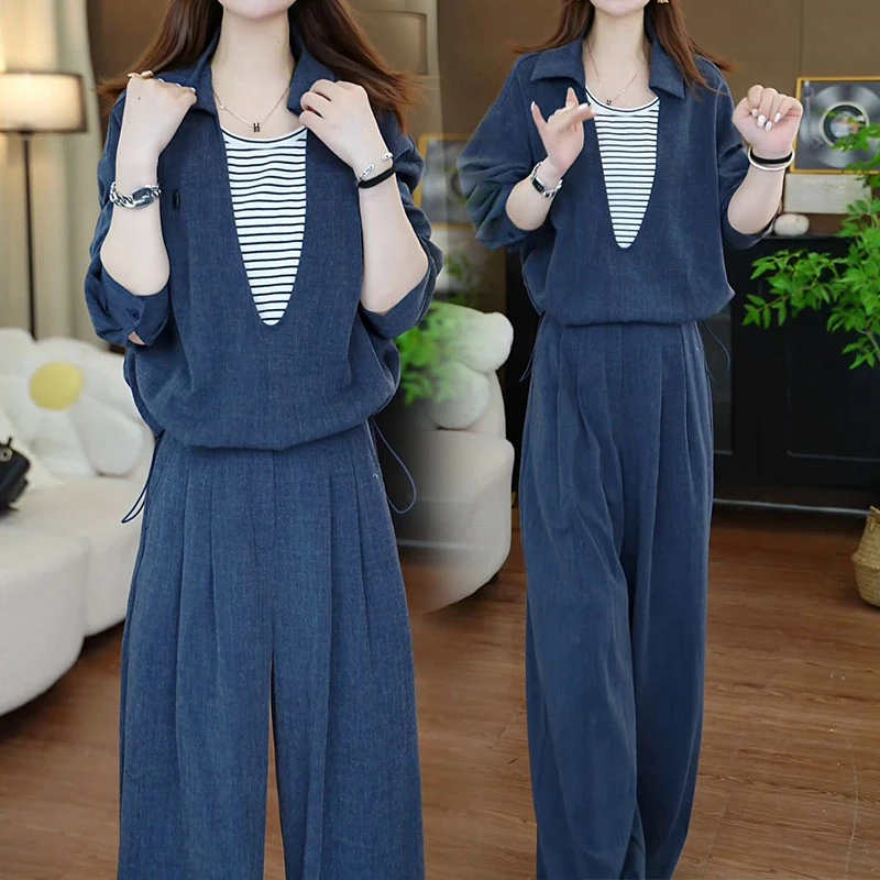 韩系穿搭休闲套装2025秋季新款洋气条纹拼接显瘦上衣阔脚裤两件套