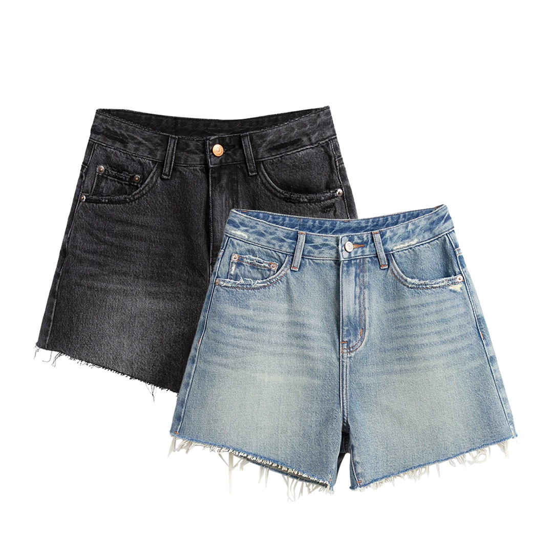 自媒体夏季高腰毛边三分牛仔短裤宽松显廋复古2025新款女裤子107
