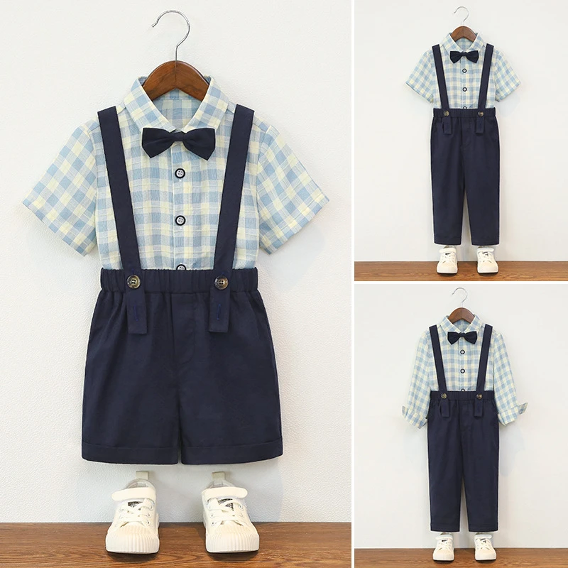 男宝宝周岁生日礼服婴儿百天衣服背带裤套装韩版格子夏季薄款男童