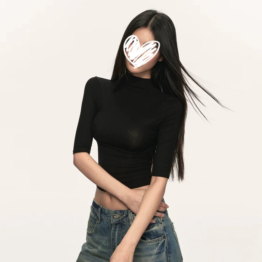 纯色气质设计感小高领弹力正肩五分袖T恤薄款女上衣