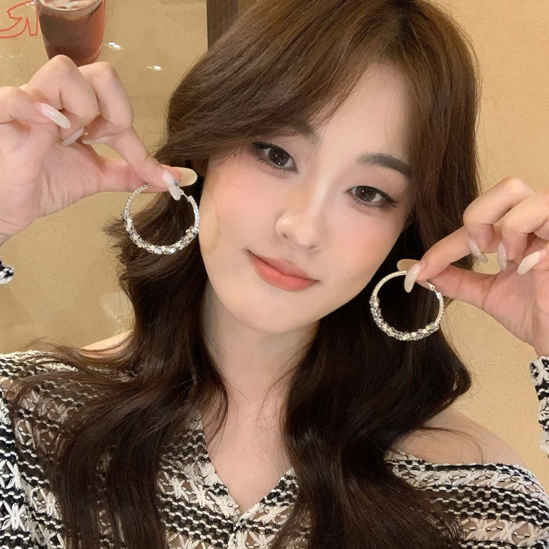 合金锆石耳饰 气质韩妹！闪钻大圈圈耳环女高级感大气夸张耳圈耳饰