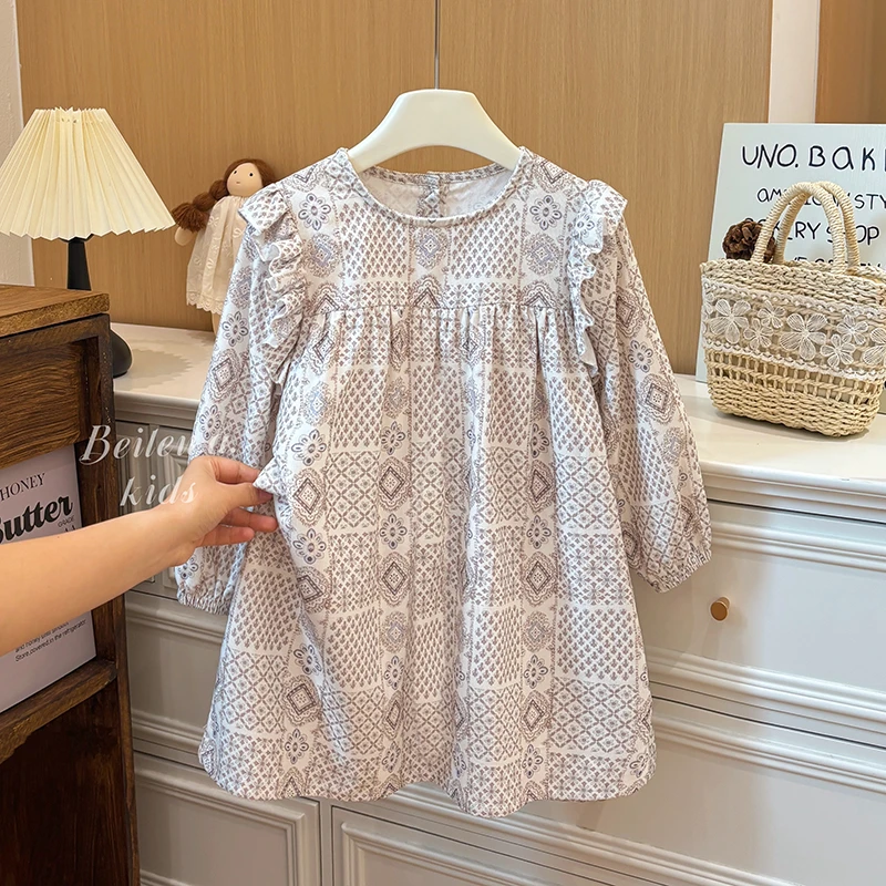 女童连衣裙秋季新款儿童小清新圆领公主裙宝宝长袖洋气小飞袖裙子