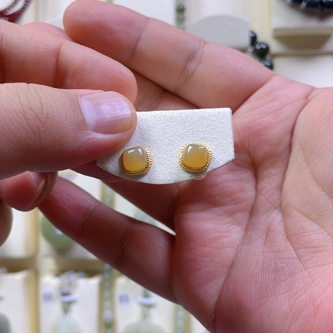 和田玉银S925镀金镶嵌耳钉