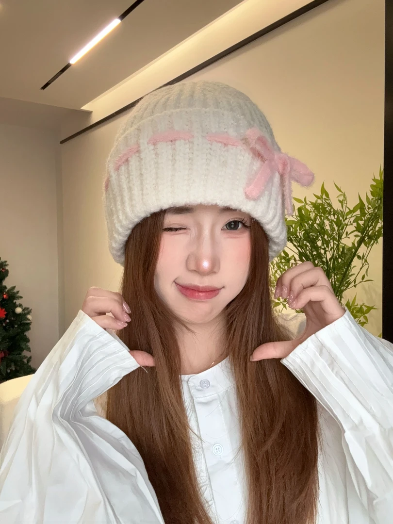 蝴蝶结针织毛线帽包头帽护耳帽子女秋冬毛绒保暖大头围显脸小