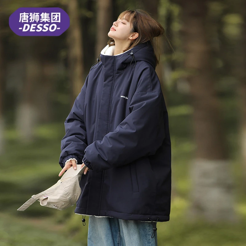 唐狮集团DESSO两面穿冲锋衣服男女高级感秋季外套美式连帽棉衣男