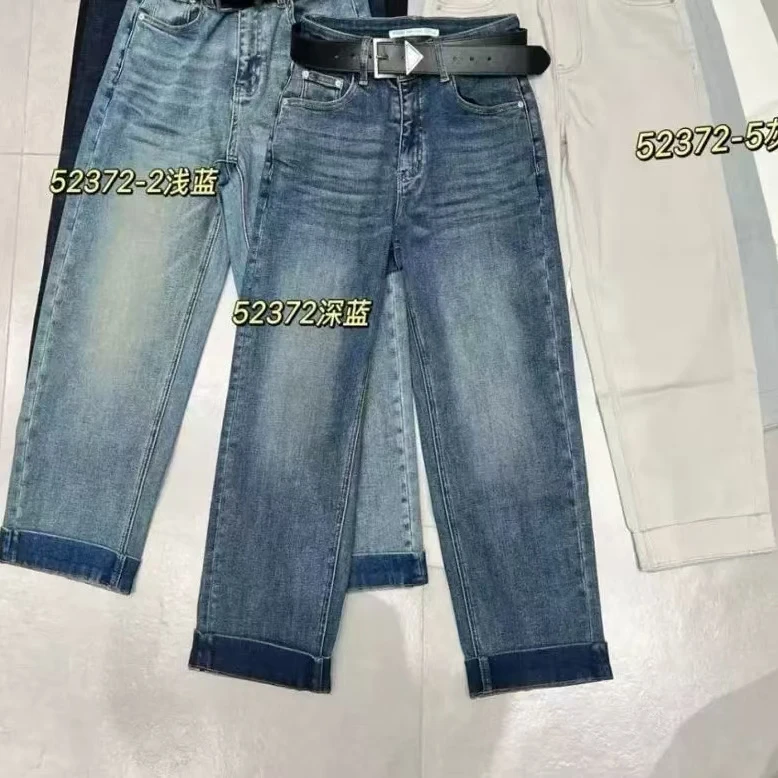 2025秋冬新款女高腰直筒翻边宽松时尚百搭九分牛仔法棍裤（52372）