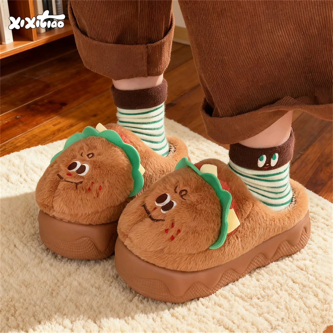 细细条 厚底居家ins可爱汉堡棉拖鞋女新款趣味防滑保暖冬季毛毛鞋