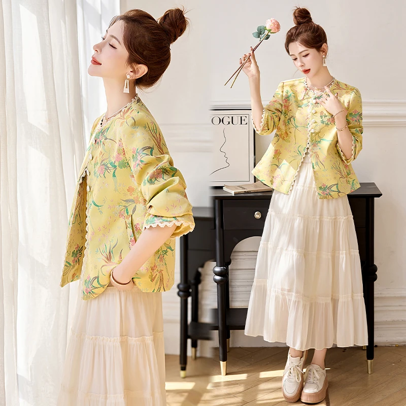 小个子新中式国风复古高档提花洋气时髦蕾丝拼接短款外套上衣春装