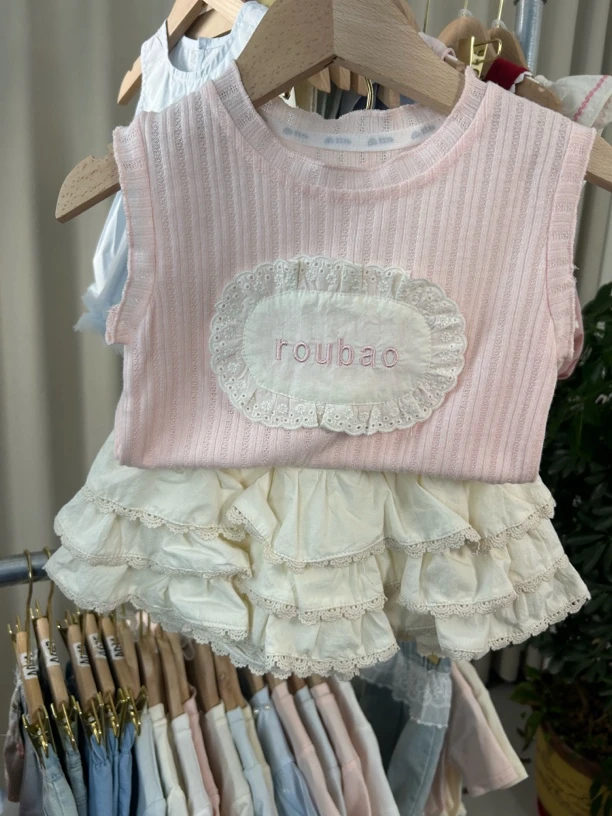 格子女圆领白色夏季薄款常规套装套头女宝韩版针织