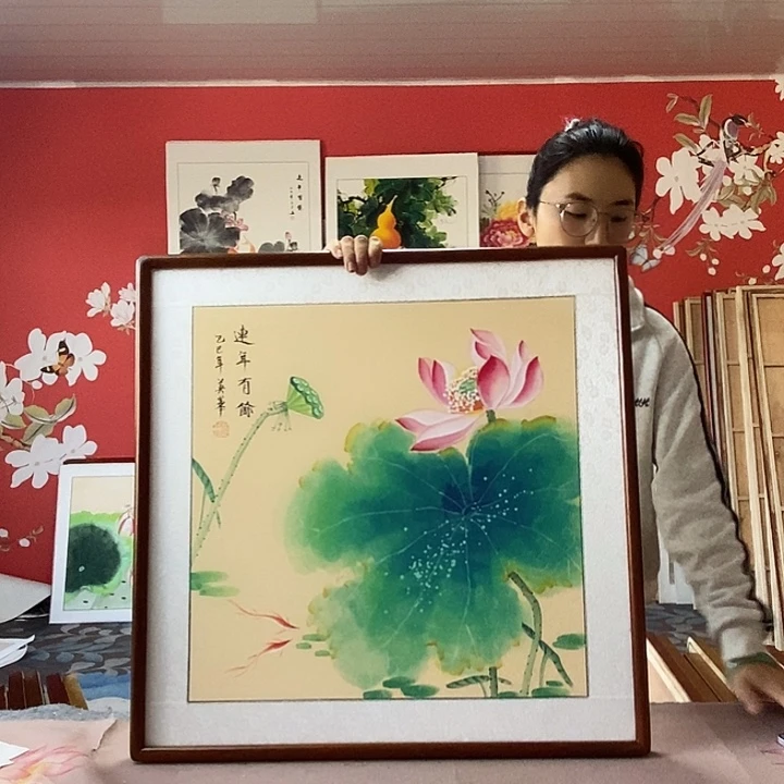 国画手写手绘带框包邮国画作品62✖️62