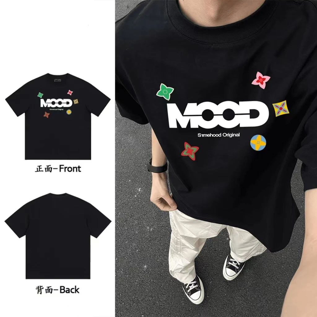 美式嘻哈复古飞镖花卉字母印花设计纯棉男生宽松圆领短袖t恤情侣