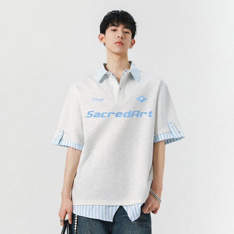 美式衬衫2025夏季新款重磅短袖T恤男女复古宽松上衣拼接POLO衫