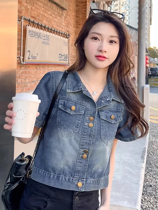 网红新款牛仔外套女夏季设计感小众港味复古短袖翻领开衫短款上衣
