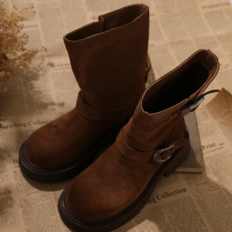 西町村屋复古西部中筒靴女秋冬新款气质百搭中跟时尚靴XA9D20004