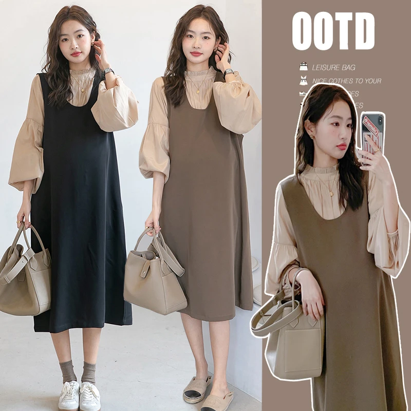 孕妇2025秋季新款韩系时尚小香风气质宽松灯笼袖衬衣背带裙两件套