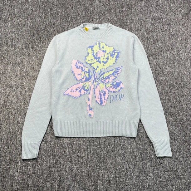 99新 DIOR/迪奥 5300/雾霾蓝logo花朵印花圆领针织毛衣/L码/98新