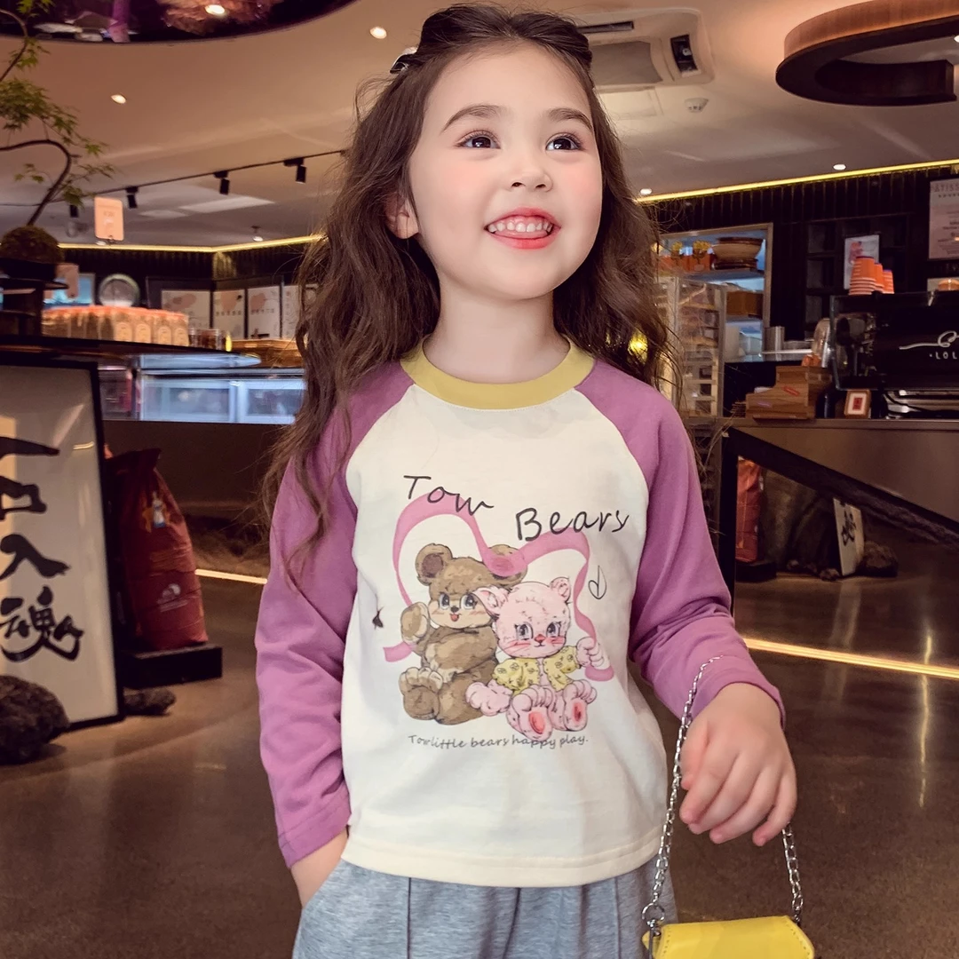 女童长袖T恤秋装2025新款儿童韩版宽松插肩袖印花上衣女孩打底衫