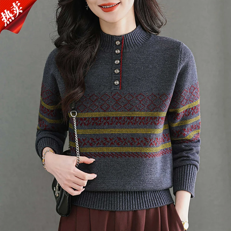 【原版正品】羊毛衫女半高领复古提花毛衣短款宽松小个子针织打底衫