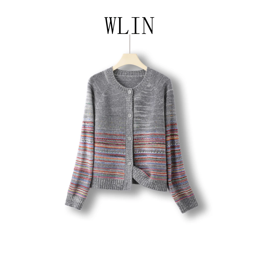 WLIN 彩色花纱圆领气质女士针织衫WL37120