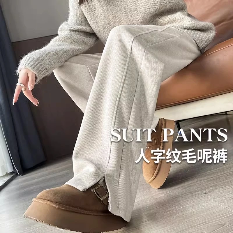 人字纹加绒阔腿裤女2025春秋冬爆款加厚开叉裤子直简休闲窄版毛呢