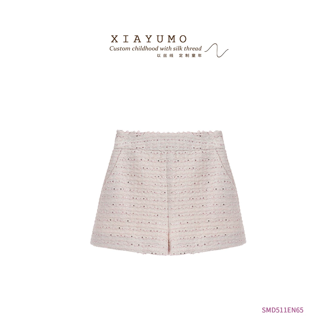 夏羽墨女童秋季新款粉色小香亮片毛里短裤松紧带洋气轻奢时尚裤