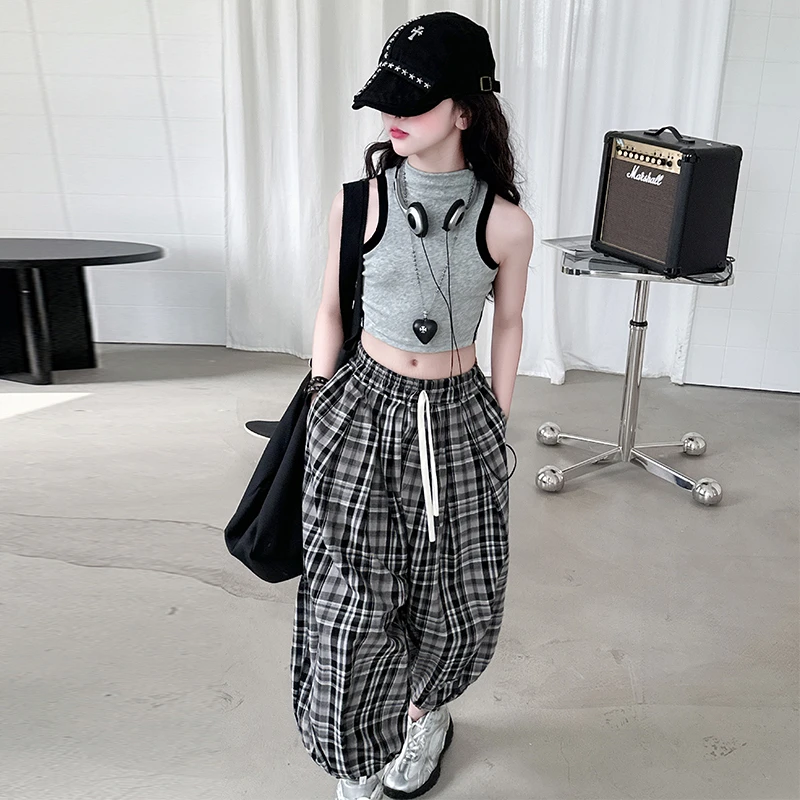 【酷哒仔】女童大童夏季背心格子灯笼裤套装新款洋气女孩两件套